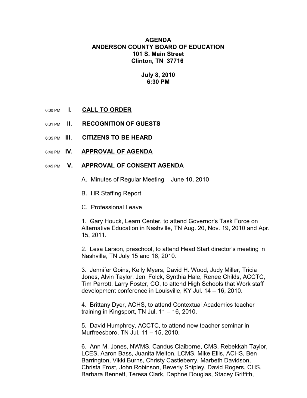 AGENDA ANDERSON COUNTY BOARD of EDUCATION 101 S. Main Street Clinton, TN 37716 s1