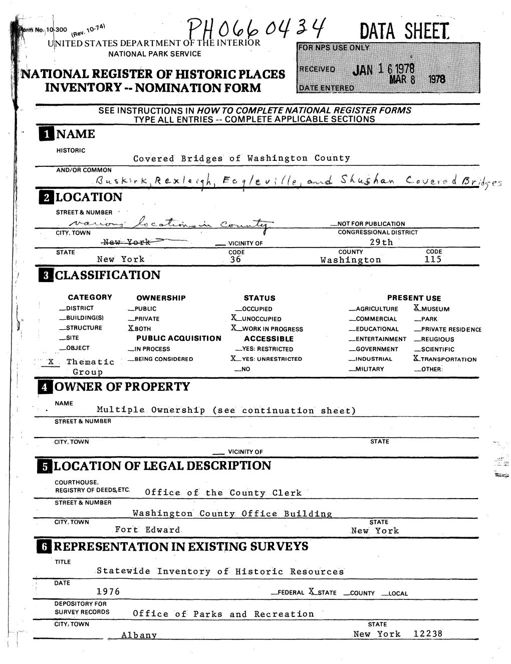 Datasheet National Park Service Rational Register of Historic Places Inventory - Nomination Form