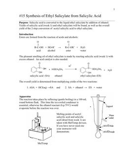 15 Synthesis of Ethyl Salicylate from Salicylic Acid ______Purpose: Salicylic Acid Is Converted to the Liquid Ethyl Salicylate by Addition of Ethanol