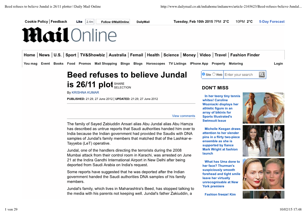 Beed Refuses to Believe Jundal Is 26/11 Plotter | Daily Mail Online