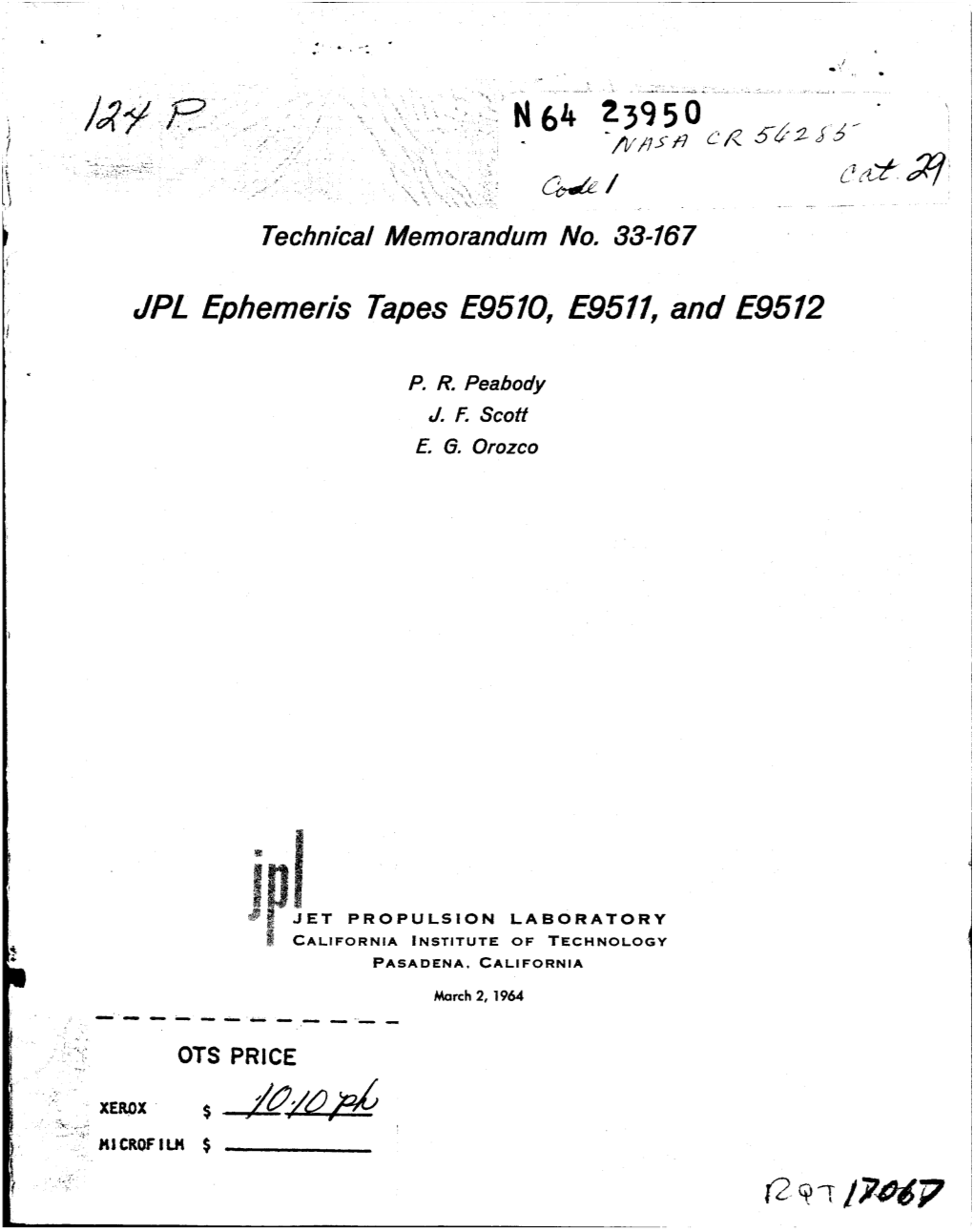 JPL Ephemeris Tapes E9510, E9511, and E9512