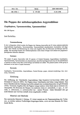 Die Puppen Der Mitteleuropäischen Argyresthiinae (Lepidoptera, Yponomeutoidea, Yponomeutidae) Mit 158 Figuren