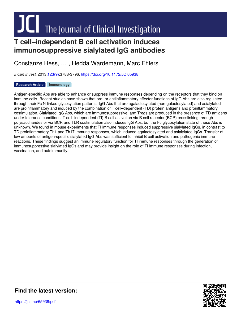 T Cell–Independent B Cell Activation Induces Immunosuppressive Sialylated Igg Antibodies