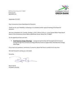 September 29, 2017 Dear Connecticut Green Bank Board of Directors