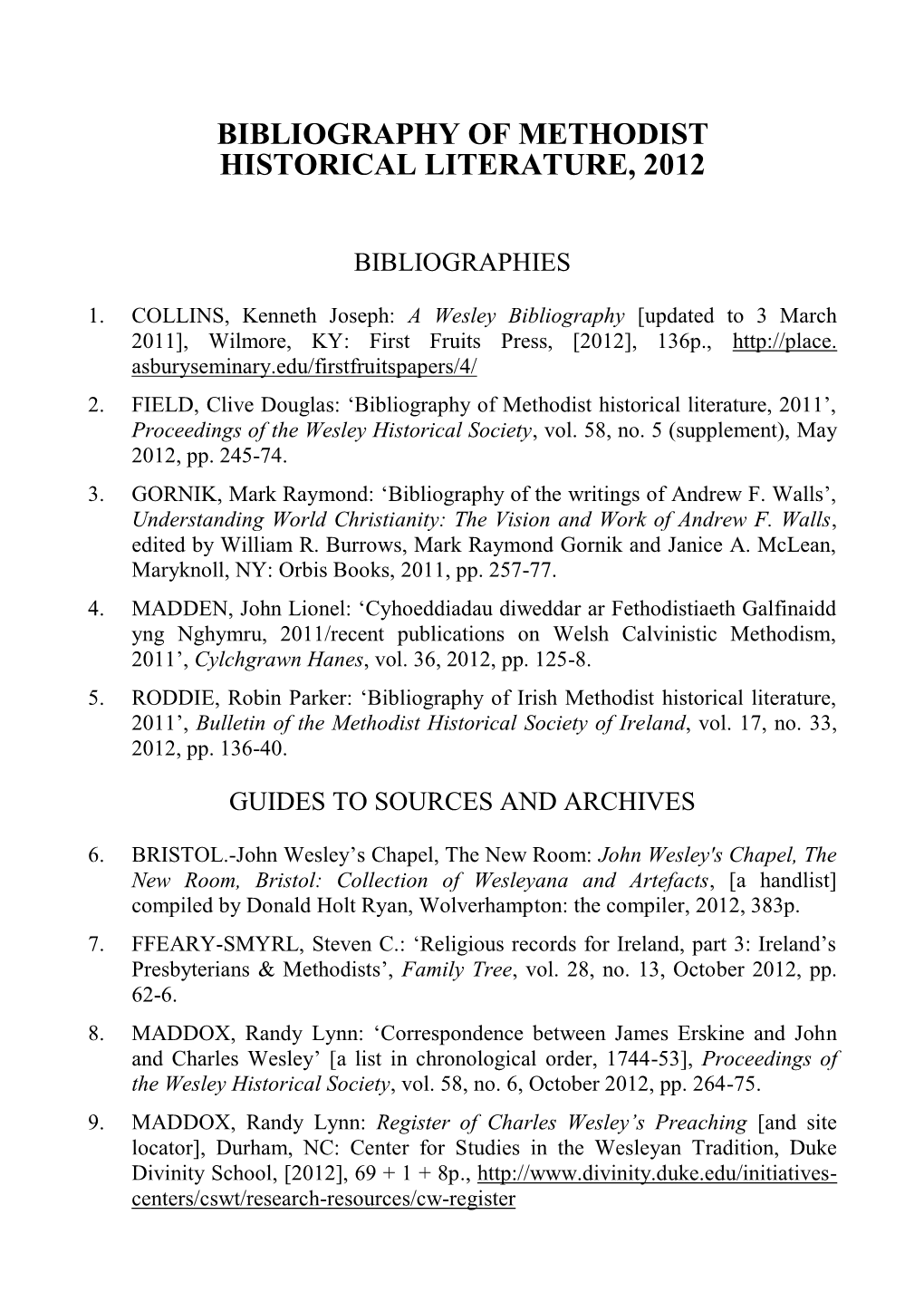 "Bibliography of Methodist Historical Literature, 2012," Proceedings Of