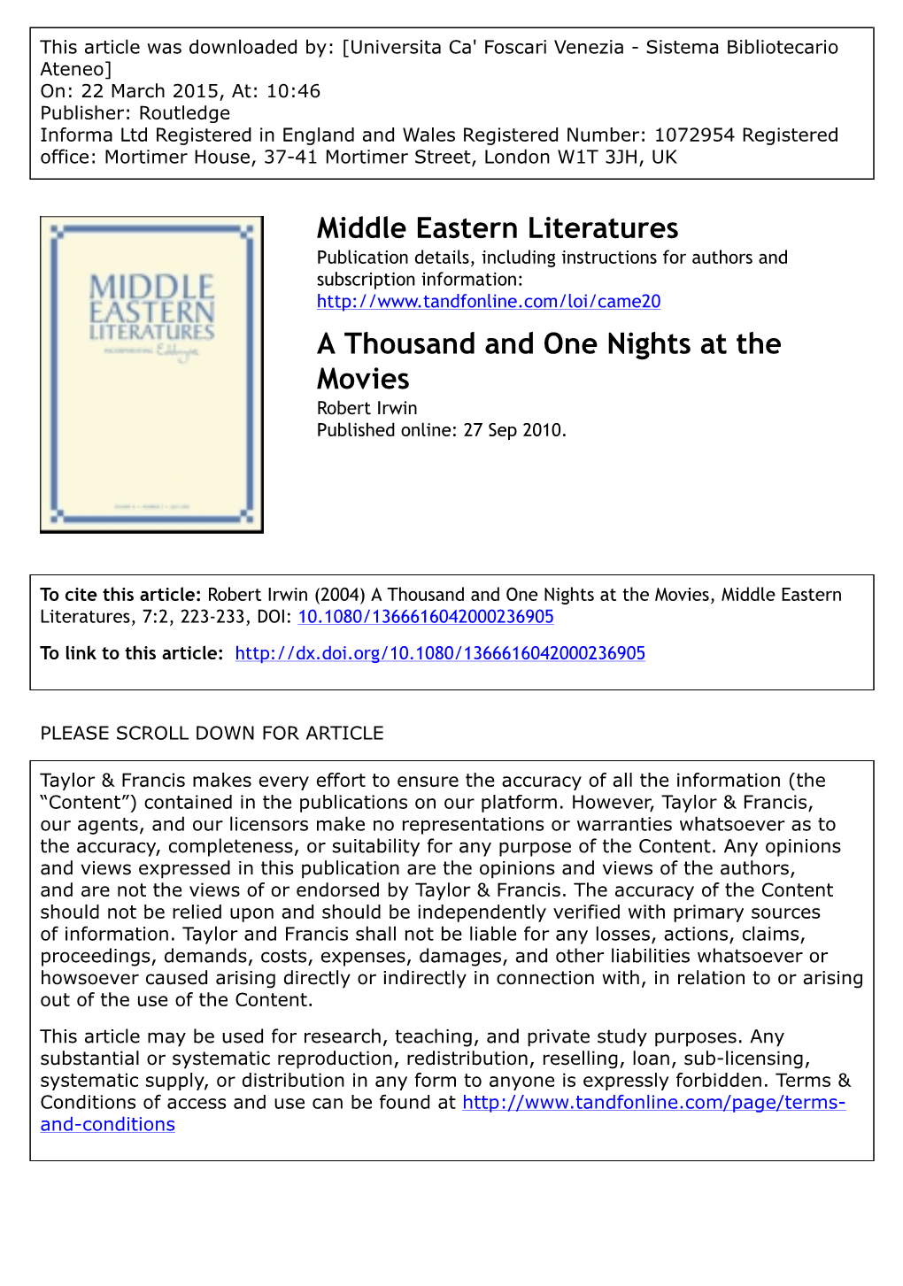 Middle Eastern Literatures a Thousand and One Nights at The