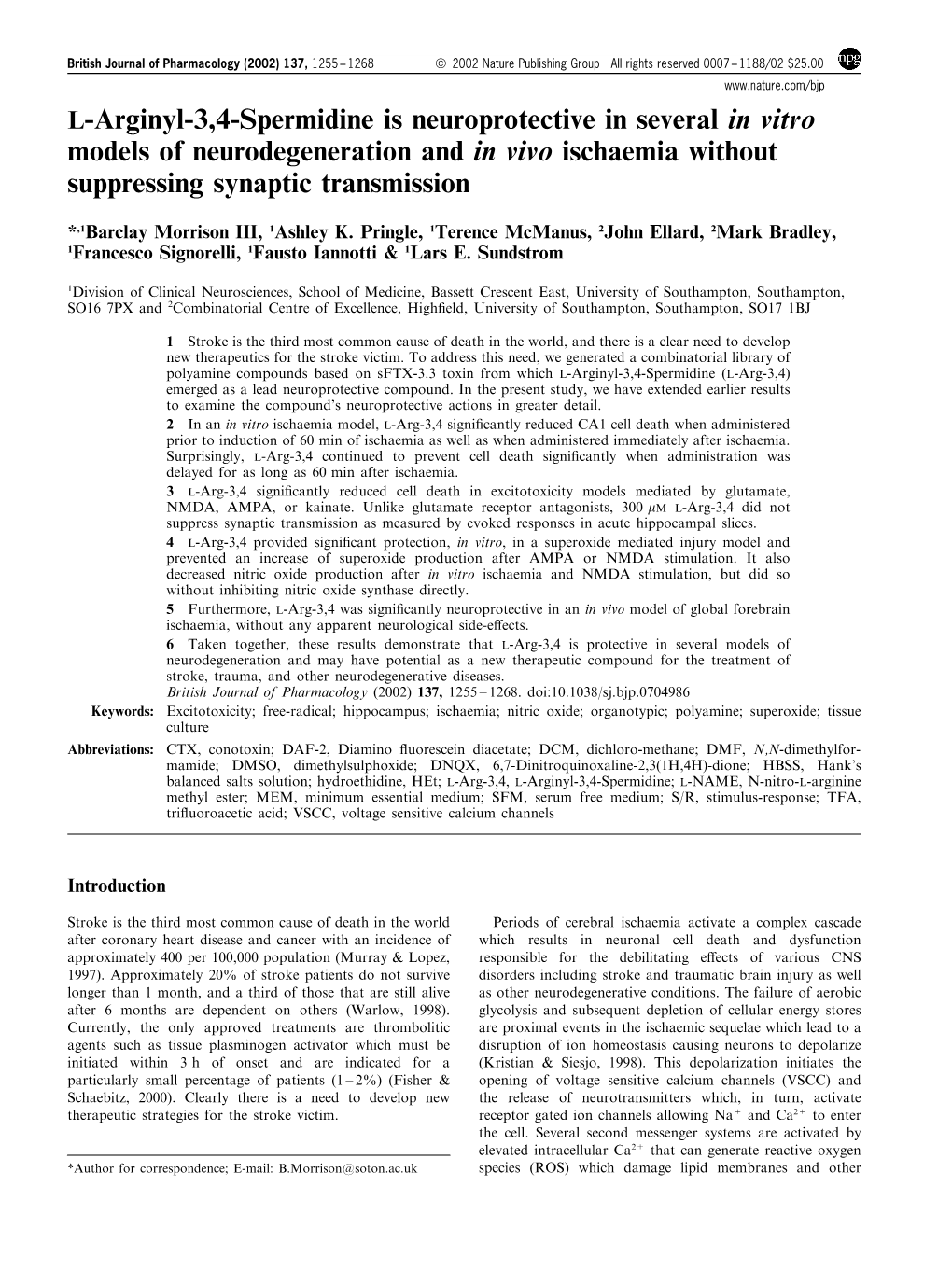 L-Arginyl-3,4-Spermidine Is Neuroprotective in Several in Vitro Models of Neurodegeneration and in Vivo Ischaemia Without Suppressing Synaptic Transmission