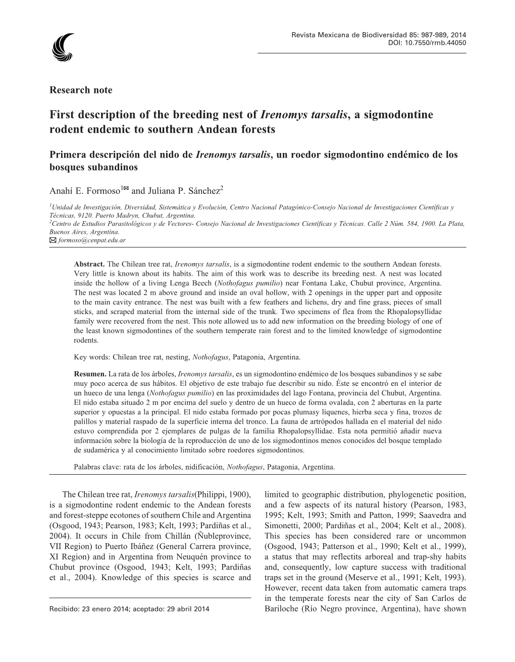 First Description of the Breeding Nest of Irenomys Tarsalis, a Sigmodontine Rodent Endemic to Southern Andean Forests