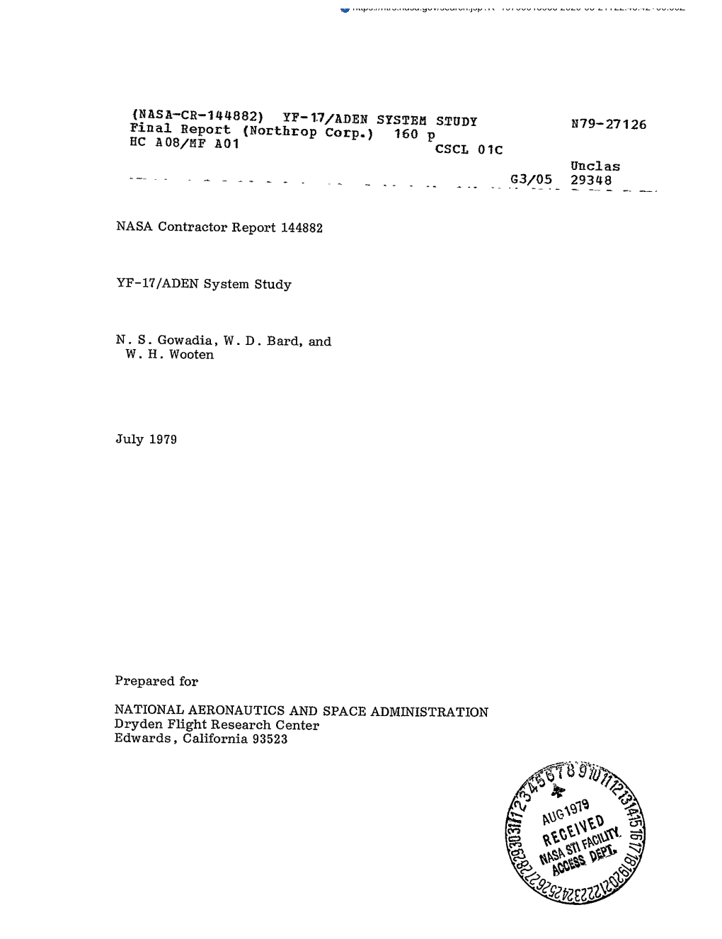 NASA-CR-144882) YF-17/ADEN SYSTEM STUDY N79-27126 Final Report (Northrop Corp.) 160 P HC A08/MF A01 CSCL 01C Unclas G3/05 29348