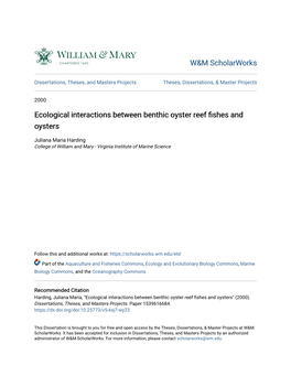Ecological Interactions Between Benthic Oyster Reef Fishes and Oysters