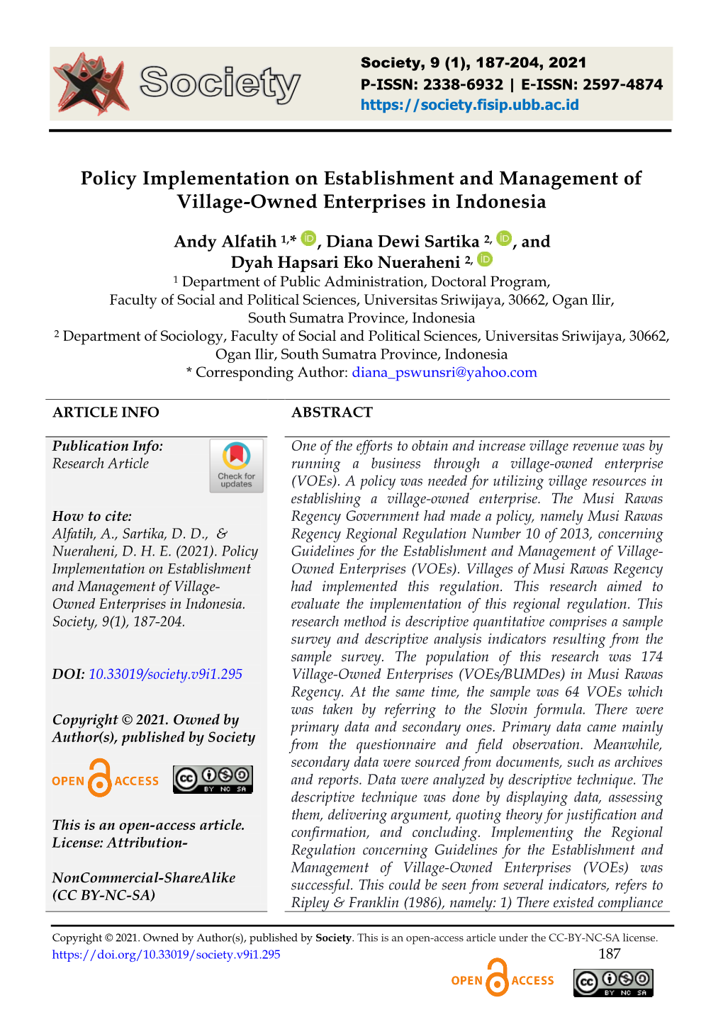 Policy Implementation on Establishment and Management of Village-Owned Enterprises in Indonesia