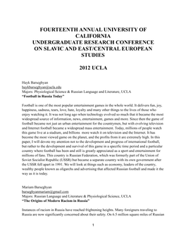 Fourteenth Annual University of California Undergraduate Research Conference on Slavic and East/Central European Studies