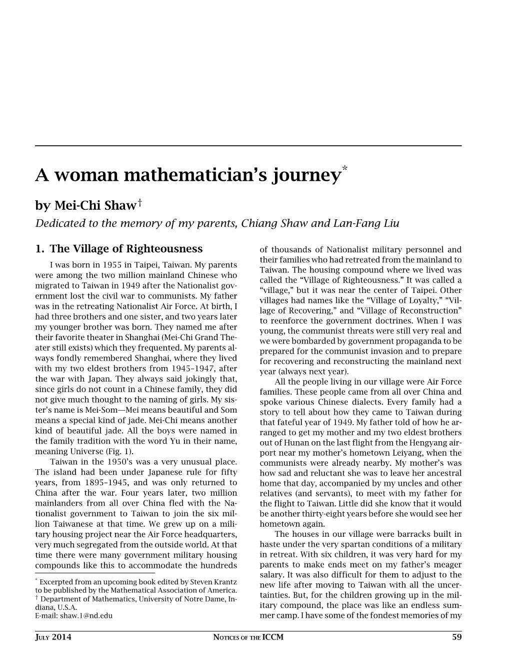 A Woman Mathematician's Journey