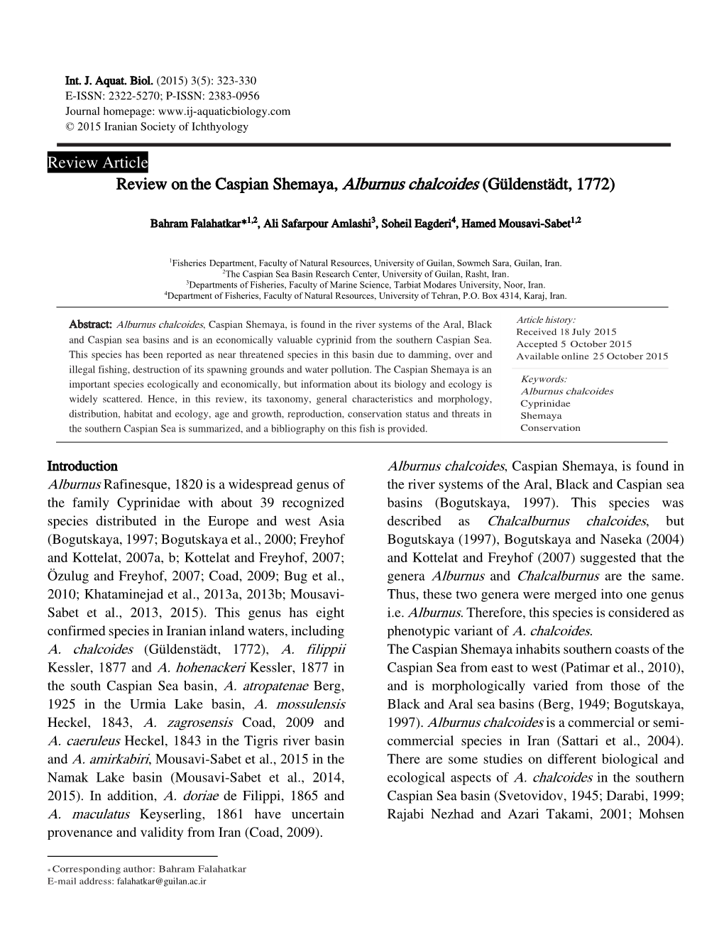 Review Article Review Onthe Caspian Shemaya, Alburnus Chalcoides