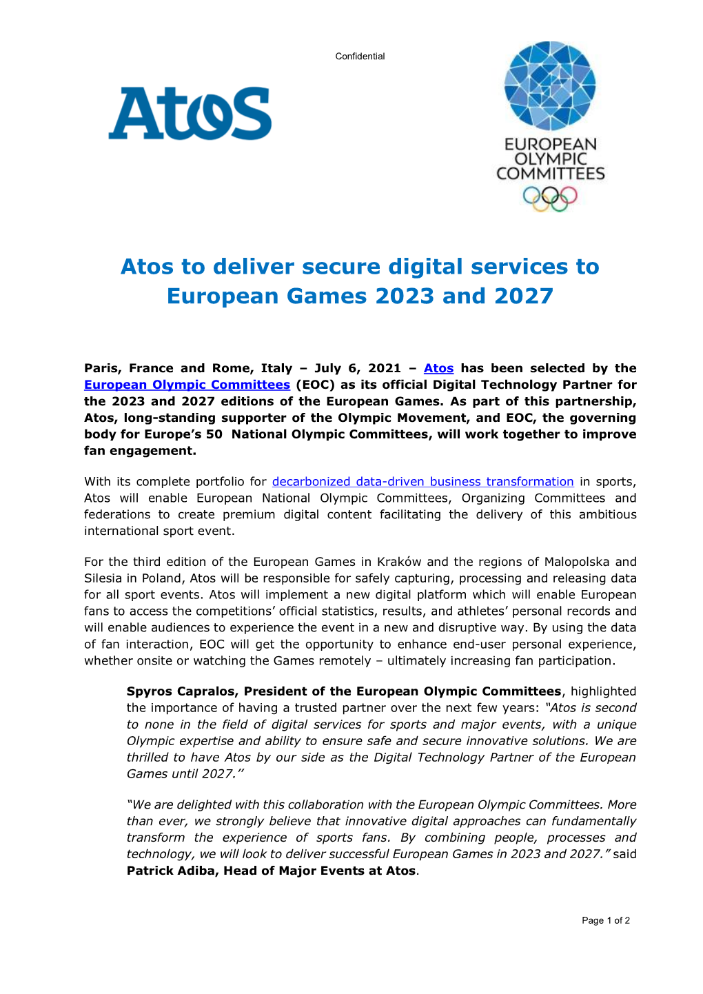Atos to Deliver Secure Digital Services to European Games 2023 and 2027