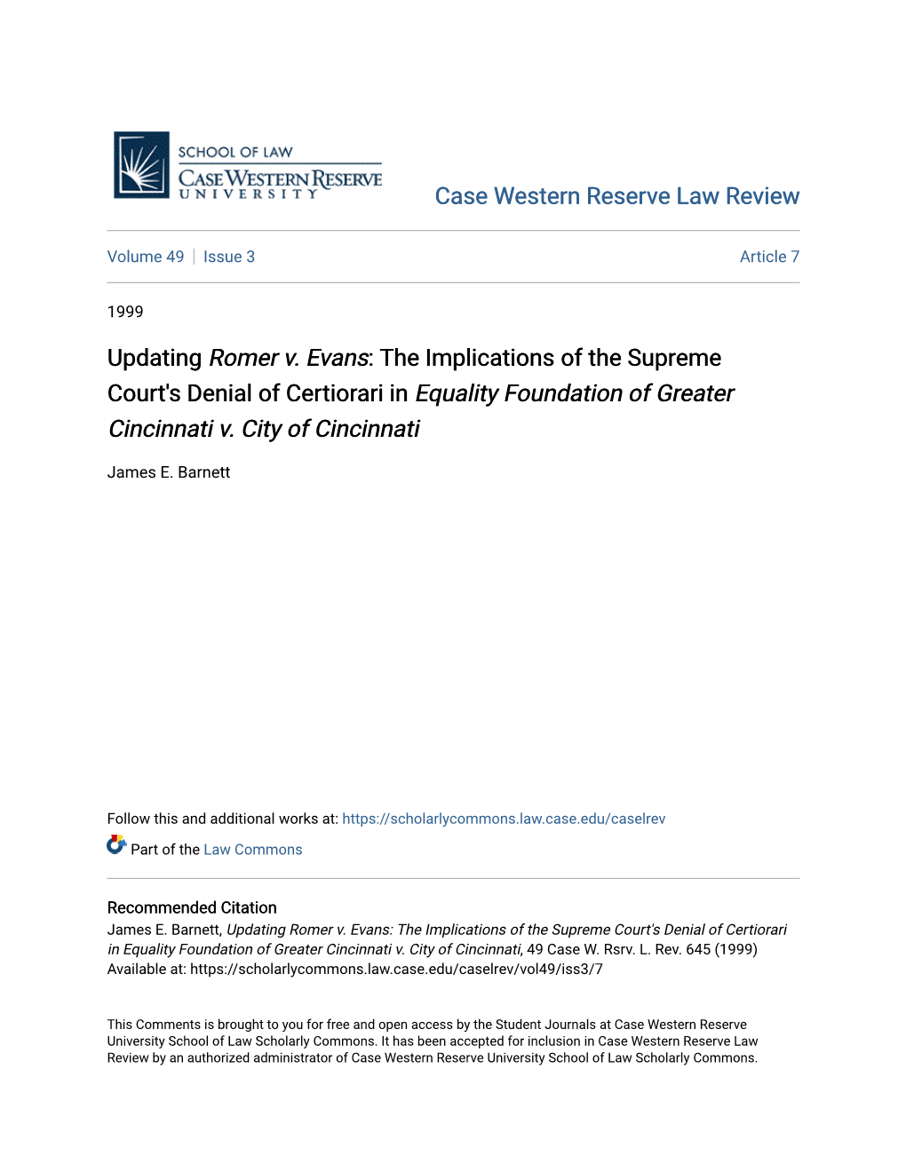 Updating Romer V. Evans: the Implications of the Supreme Court's Denial of Certiorari in Equality Foundation of Greater Cincinnati V