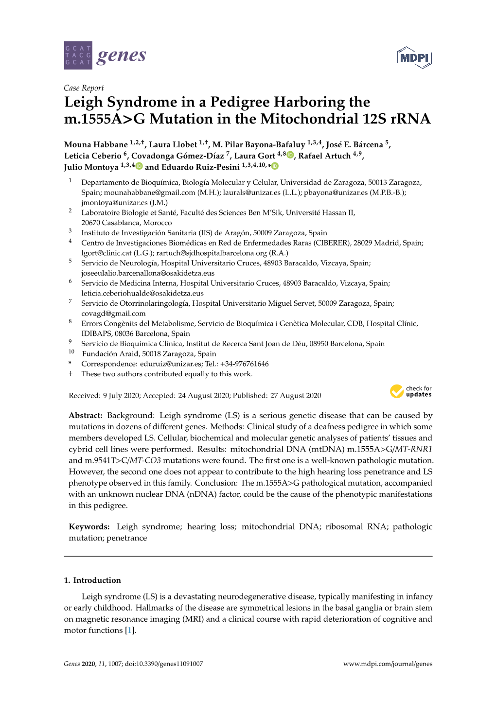 Leigh Syndrome in a Pedigree Harboring the M.1555A>G Mutation