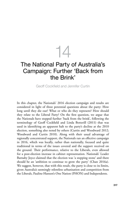 The National Party of Australia's Campaign: Further 'Back from the Brink'