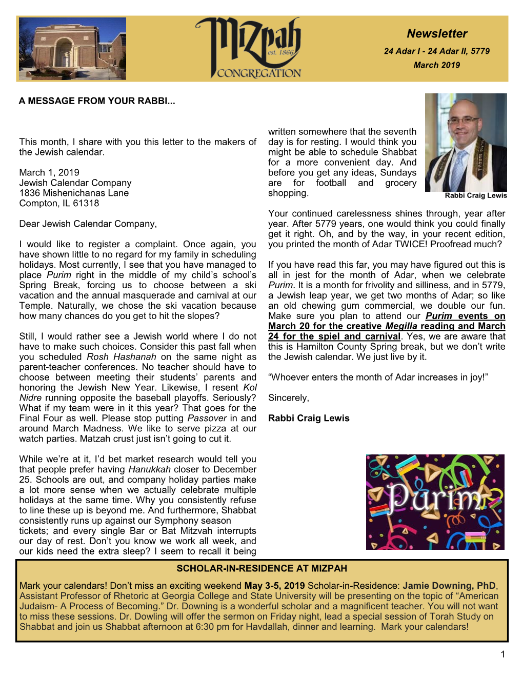 Newsletter 24 Adar I - 24 Adar II, 5779 March 2019