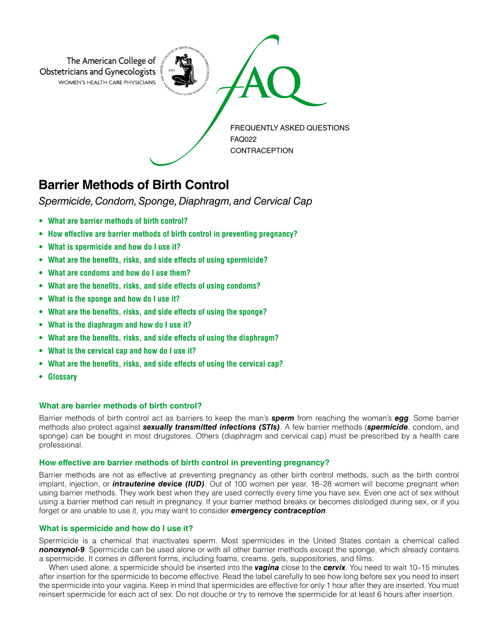 Barrier Methods of Birth Control Spermicide, Condom, Sponge, Diaphragm, and Cervical Cap