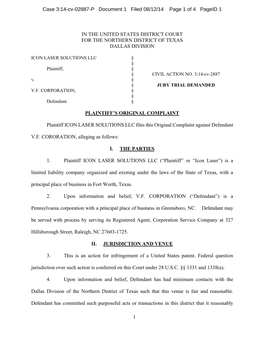 1 in the UNITED STATES DISTRICT COURT for the NORTHERN DISTRICT of TEXAS DALLAS DIVISION PLAINTIFF's ORIGINAL COMPLAINT Plaint