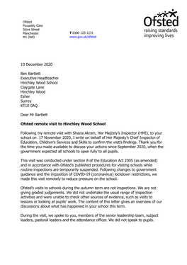 10 December 2020 Ben Bartlett Executive Headteacher Hinchley