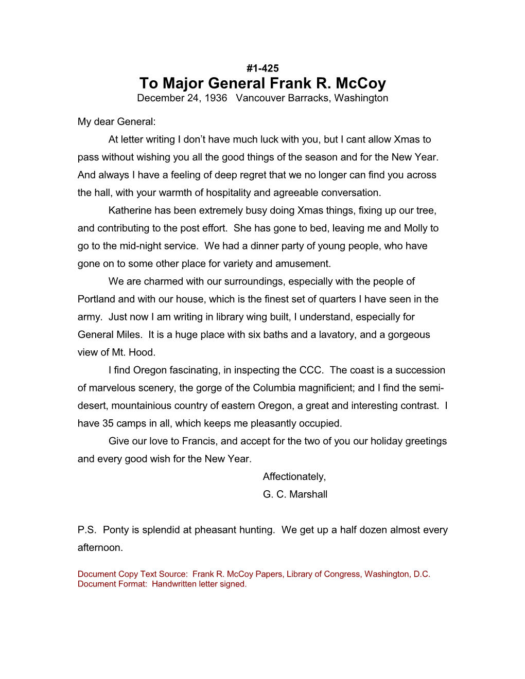 To Major General Frank R. Mccoy