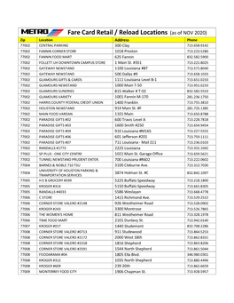 Fare Card Retail / Reload Locations (As of NOV 2020)