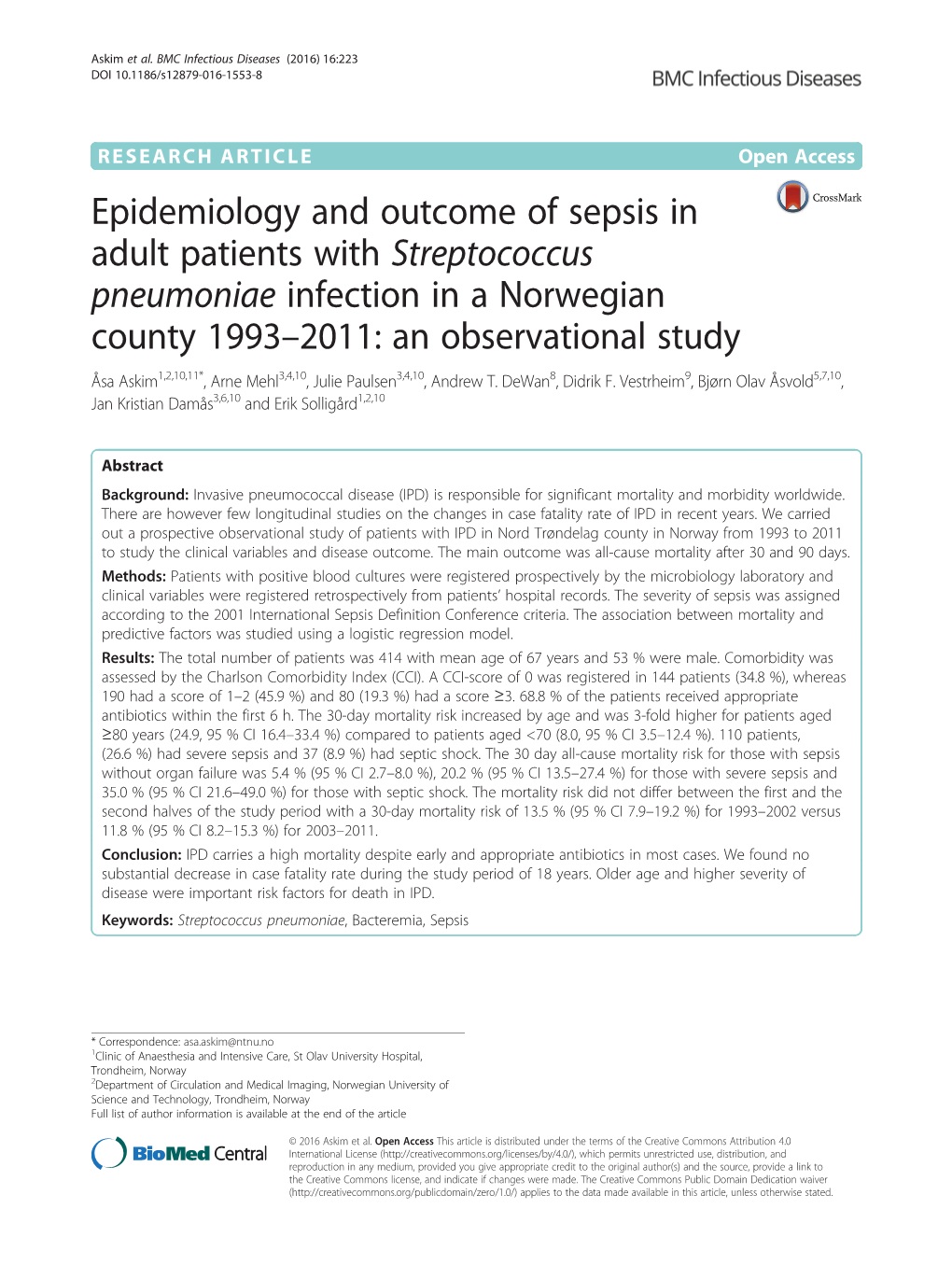 Epidemiology and Outcome of Sepsis in Adult Patients