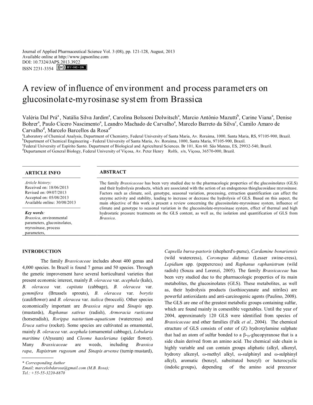 A Review of Influence of Environment and Process Parameters on Glucosinolate-Myrosinase System from Brassica