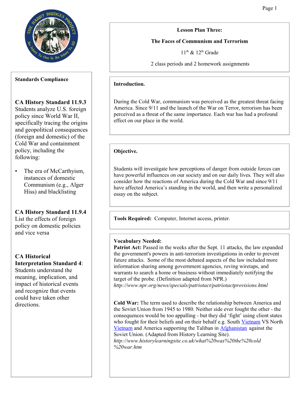 Student Worksheet: the Faces of Communism and Terrorism