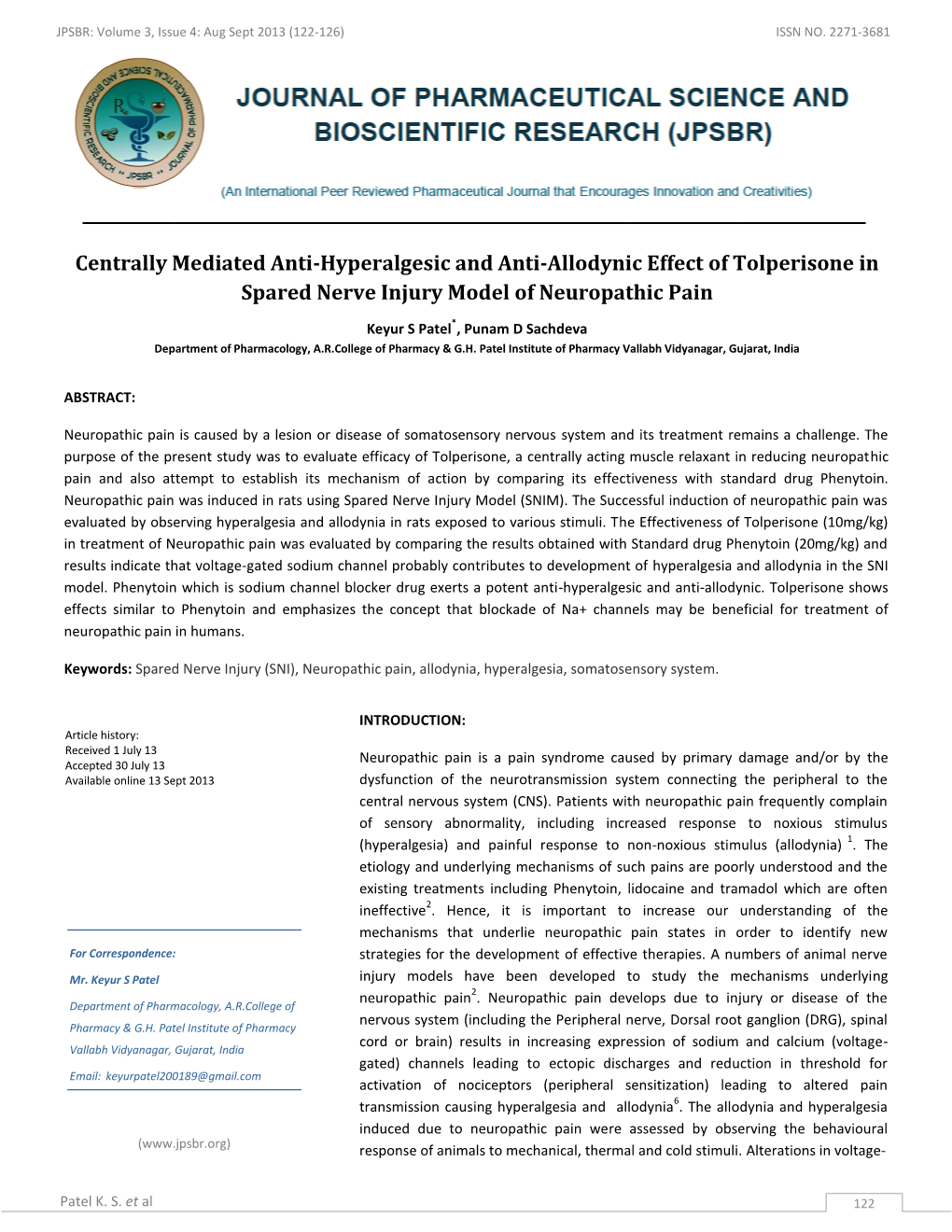 Centrally Mediated Anti-Hyperalgesic and Anti-Allodynic Effect of Tolperisone in Spared Nerve Injury Model of Neuropathic Pain