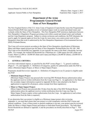 Department of the Army Programmatic General Permit State of New Hampshire