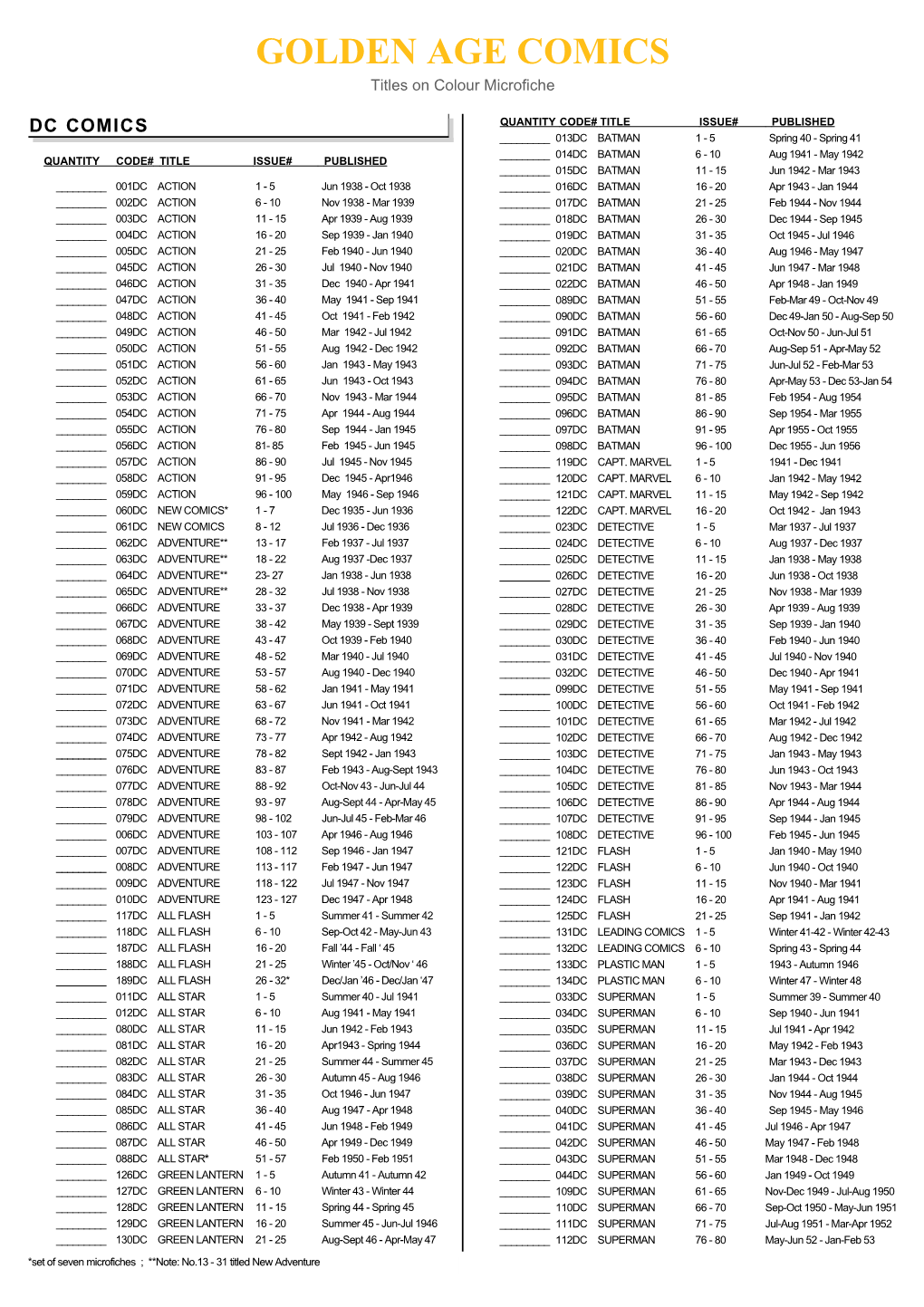 GOLDEN AGE COMICS Titles on Colour Microfiche