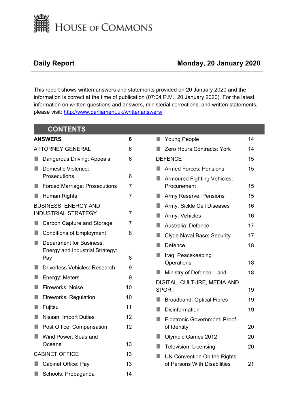 Daily Report Monday, 20 January 2020 CONTENTS