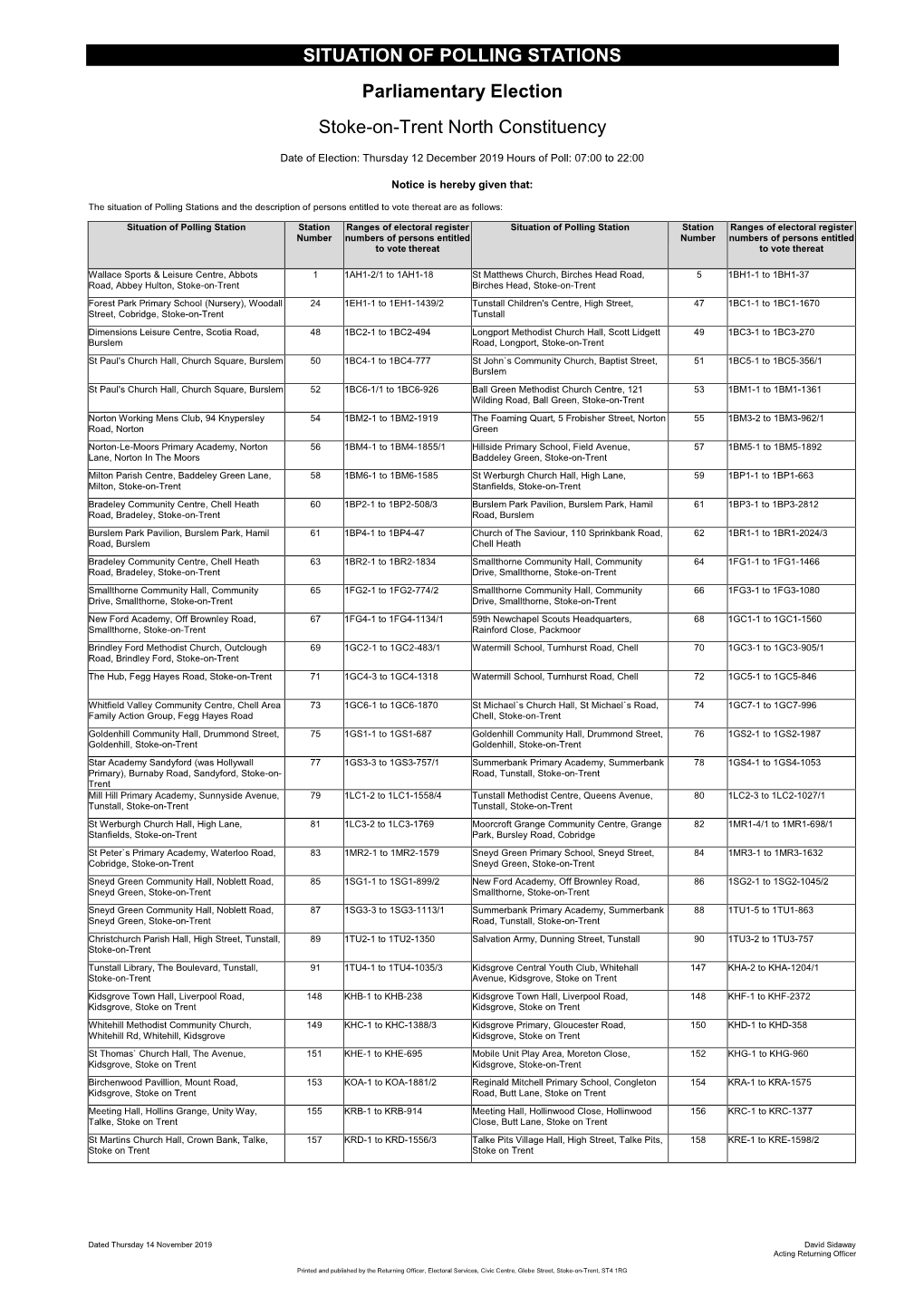 SITUATION of POLLING STATIONS Parliamentary Election Stoke-On