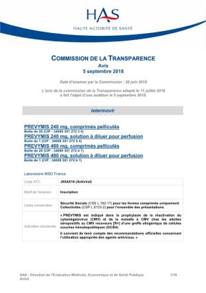 COMMISSION DE LA TRANSPARENCE Avis 5 Septembre 2018