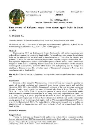 First Record of Rhizopus Oryzae from Stored Apple Fruits in Saudi Arabia