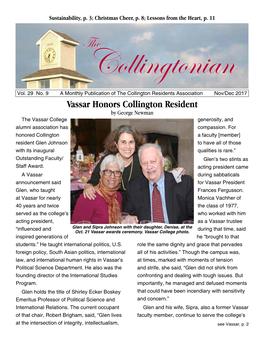 Nov/Dec 2017 Vassar Honors Collington Resident by George Newman the Vassar College Generosity, and Alumni Association Has Compassion