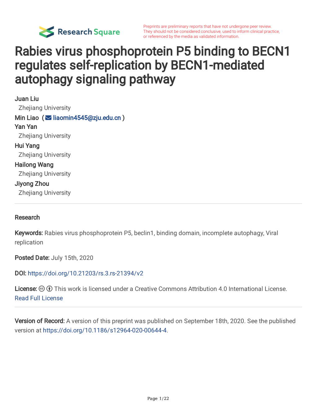 Rabies Virus Phosphoprotein P5 Binding to BECN1 Regulates Self-Replication by BECN1-Mediated Autophagy Signaling Pathway