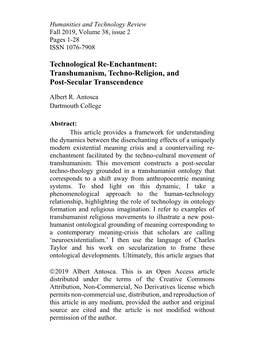 Transhumanism, Techno-Religion, and Post-Secular Transcendence