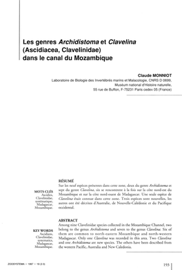Les Genres Archidistoma Et Clavelina (Ascidiacea, Clavelinidae) Dans Le Canal Du Mozambique