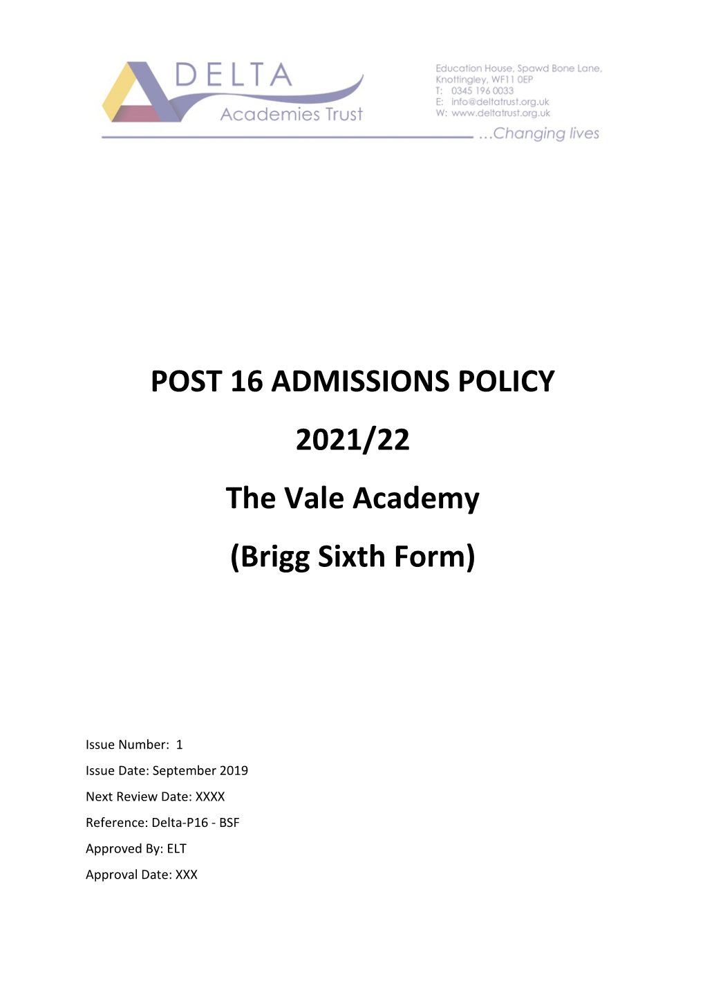 The Vale Academy Sixth Form Admissions Policy 2021-22