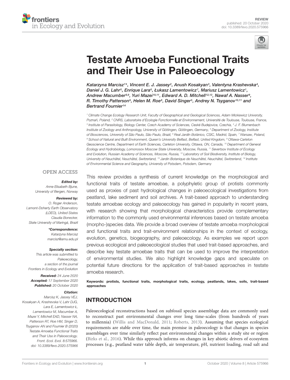 Testate Amoeba Functional Traits and Their Use in Paleoecology