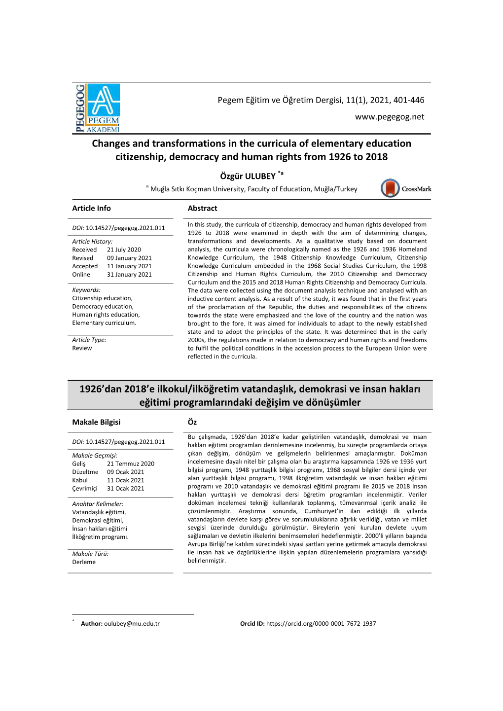 Changes and Transformations in the Curricula of Elementary Education Citizenship, Democracy and Human Rights from 1926 to 2018