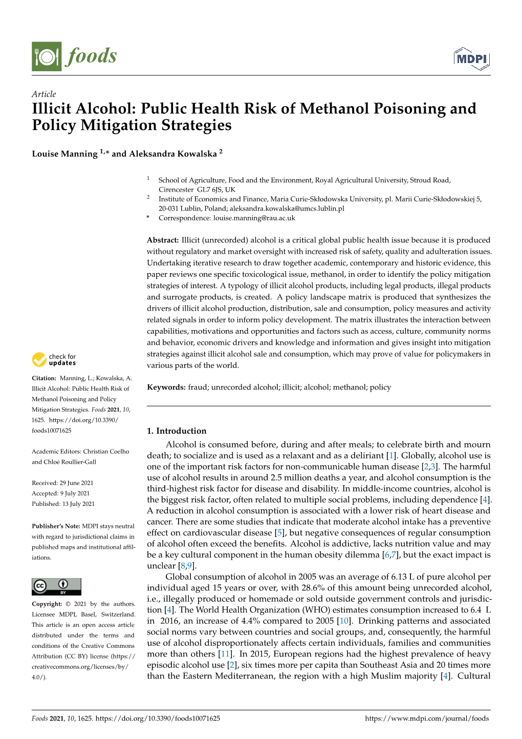 Illicit Alcohol: Public Health Risk of Methanol Poisoning and Policy Mitigation Strategies