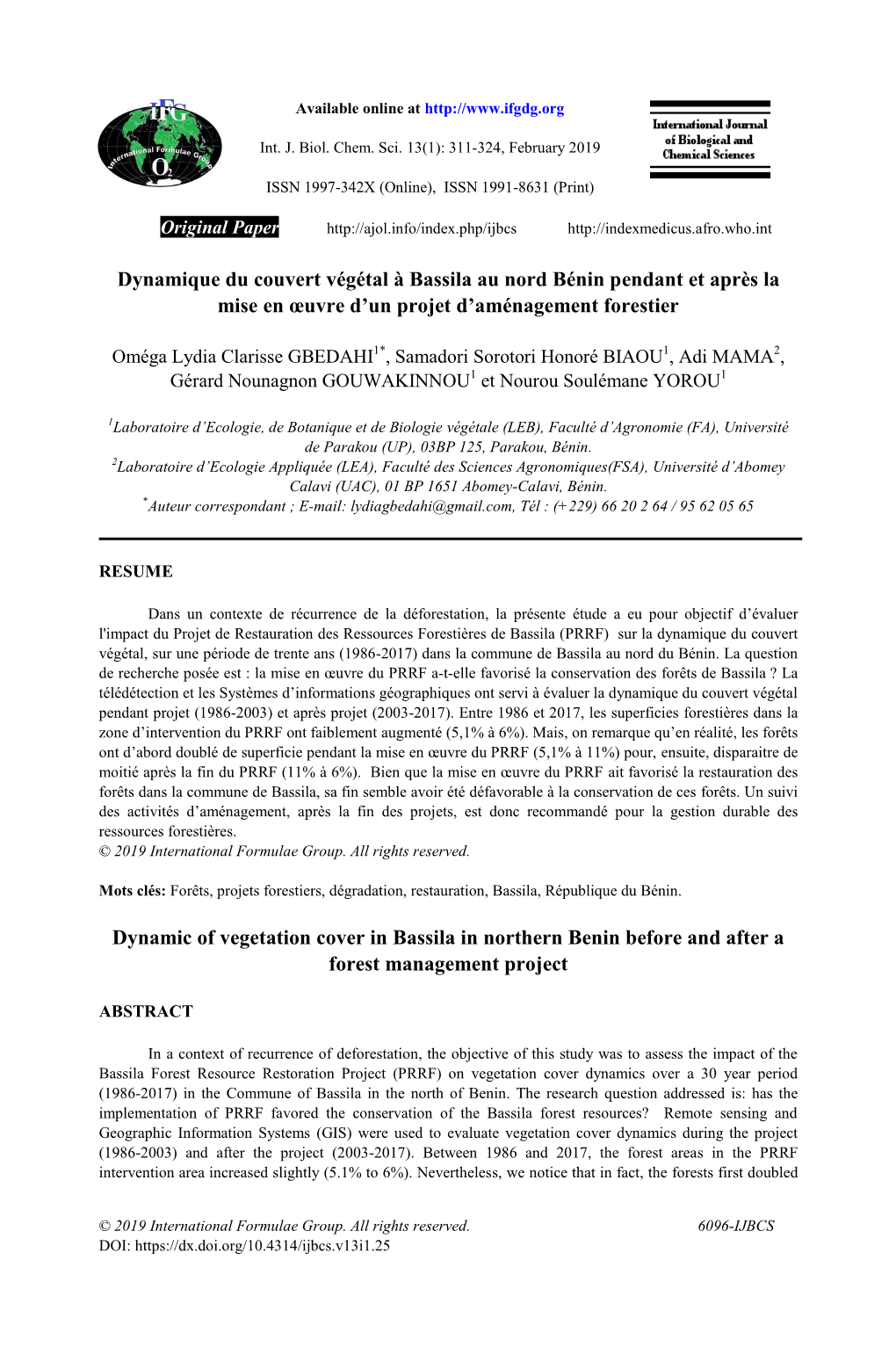 Dynamique Du Couvert Végétal À Bassila Au Nord Bénin Pendant Et Après La Mise En Œuvre D'un Projet D'aménagement Fore