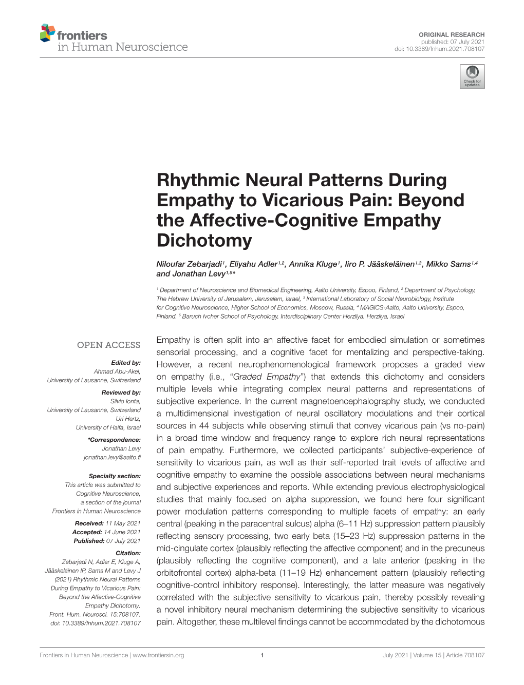 Rhythmic Neural Patterns During Empathy to Vicarious Pain: Beyond the Affective-Cognitive Empathy Dichotomy