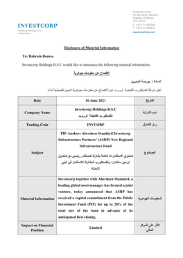 Disclosure of Material Information To: Bahrain Bourse Investcorp Holdings B.S.C Would Like to Announce the Following Material In