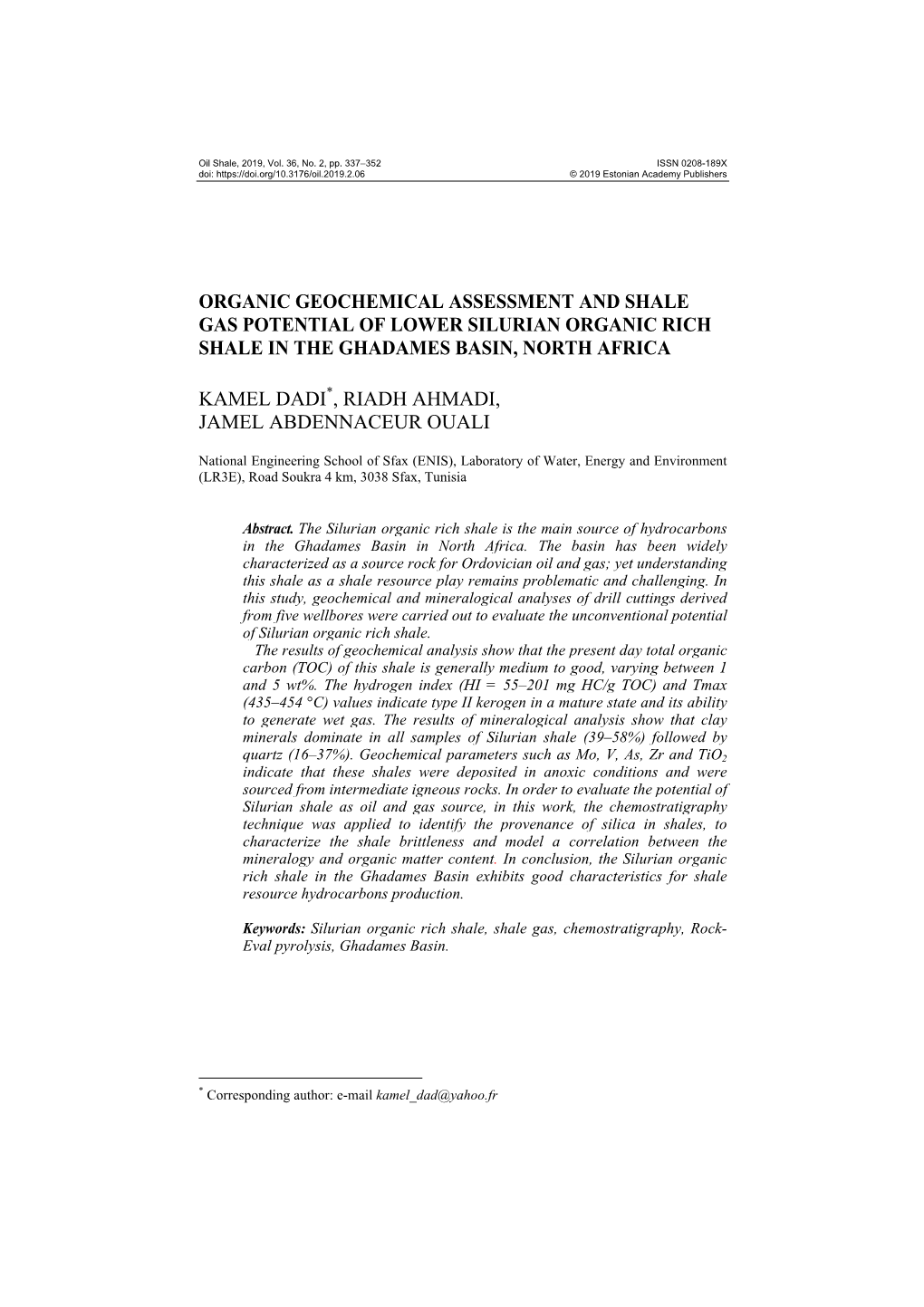 Organic Geochemical Assessment and Shale Gas Potential of Lower Silurian Organic Rich Shale in the Ghadames Basin, North Africa